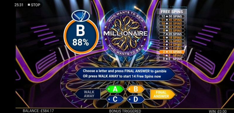 Bonus game in Who wants to be a Millionaire slot machine. 